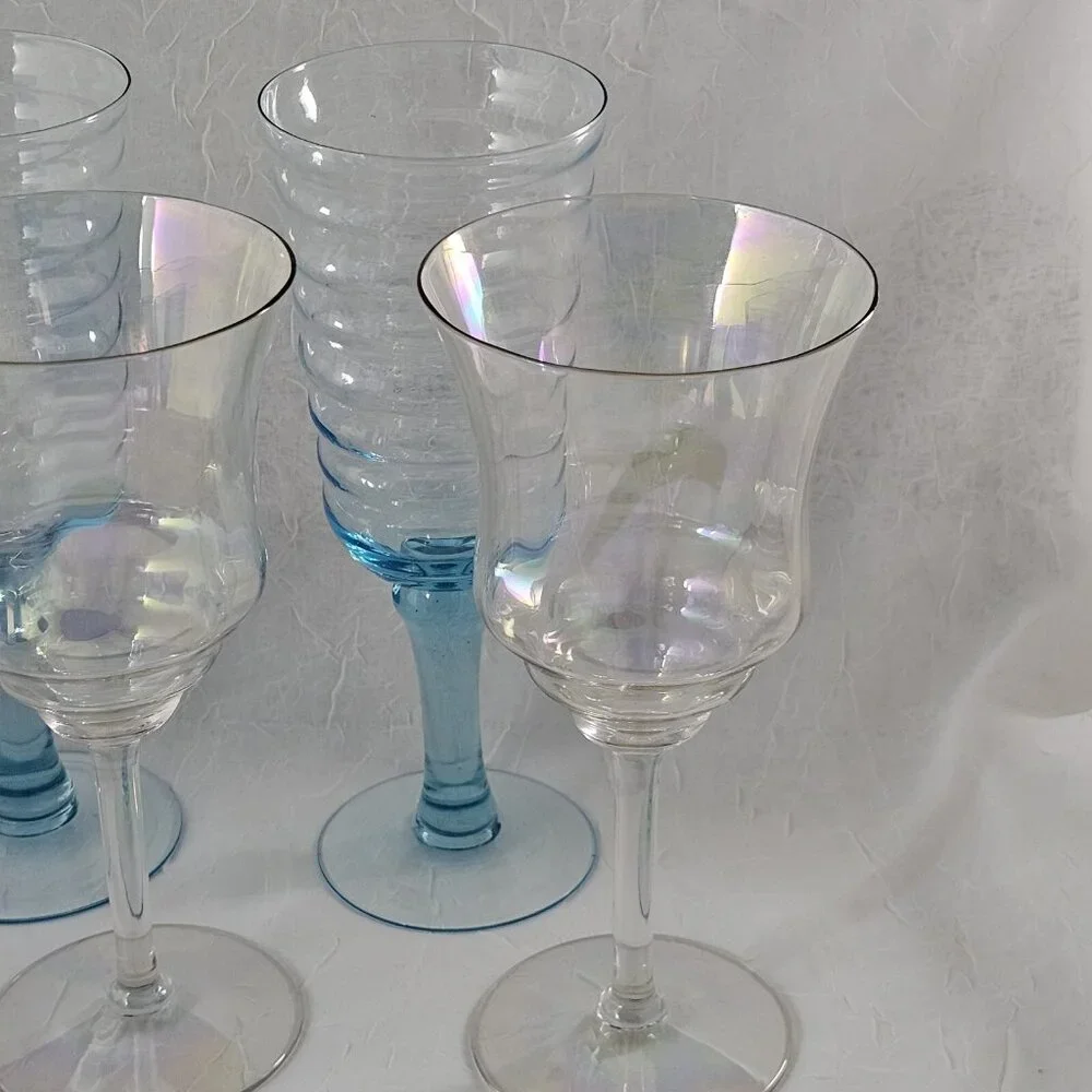 Mismatched Wine Water Goblets set of 4 mixed blue and iridescent glasses party - Picture 3 of 8